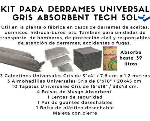 Kit Para Derrames Universal Gris Absorbent Tech 50 Litros