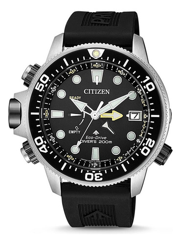 Reloj pulsera Citizen Promaster BN203 de cuerpo color plateado, analógico, para hombre, fondo negro, con correa de goma color negro, agujas color blanco, dial crema, minutero/segundero plateado, bisel color negro y hebilla simple