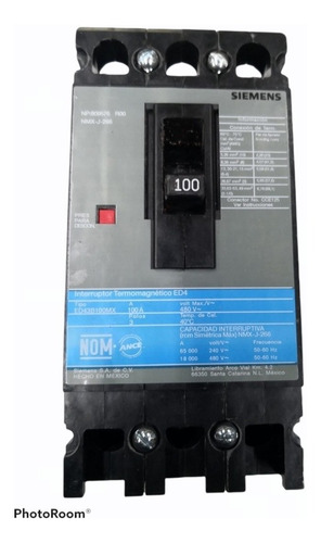Interruptor Termomagnético Siemens 100a Modelo Ed43b100mx