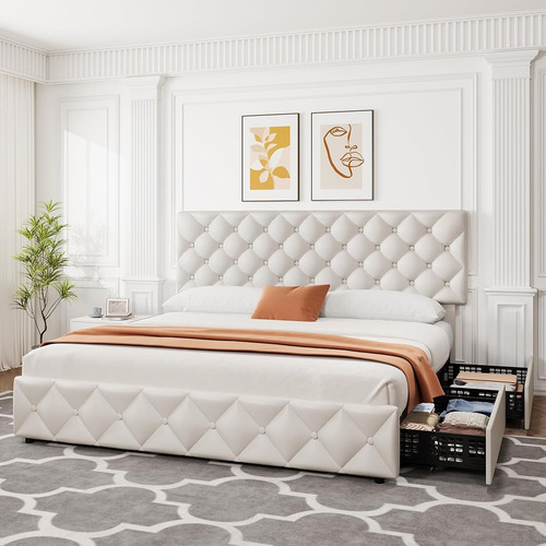 Base De Cama Idealhouse King Size Tapizada En Lino White