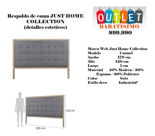 Respaldo De Cama Just Home Collection (detalles Esteticos)
