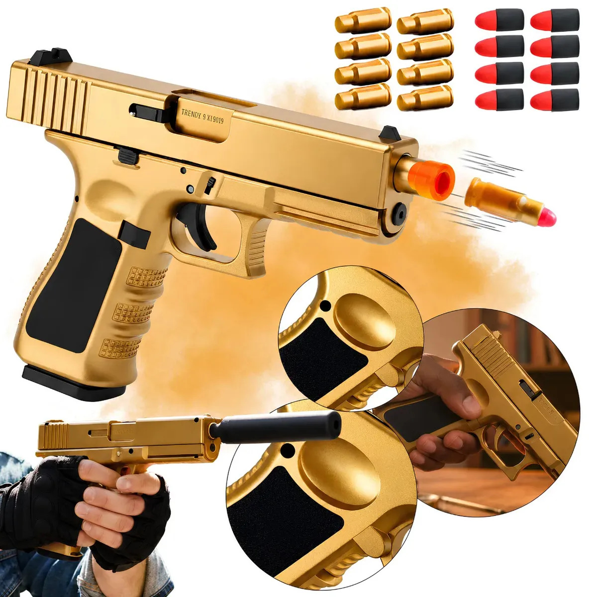 Pistola Arma De Brinquedo Com Dardos E Capsulas Arminha Lançador Realista Dourada