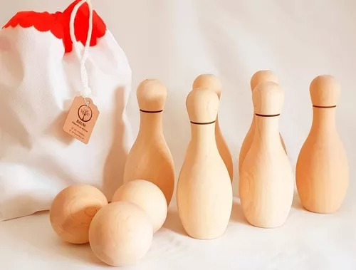 Juego Bowling 10 Pinos 18 Cm Madera Juguete Artesanal Baum