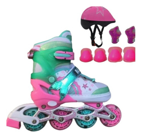 Patins Inline Infantil Sereia + Kit Proteção Rodas Em Led