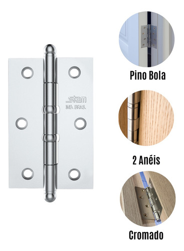 Kit 3 Dobradiça Stam Com Rolamento Canto Quadrado Cromado