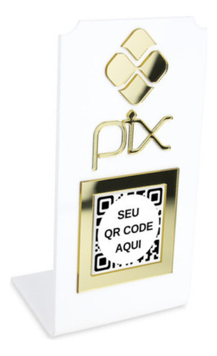 Placa Pix Qr Code Display Para Pagamentos Acrílico Branco Cor Branco com Dourado