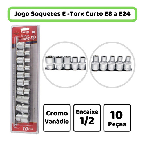 Soquetes E-tork Jogo Fêmea Pito 1/2 Pol. E8 A E24 - 10 Peças