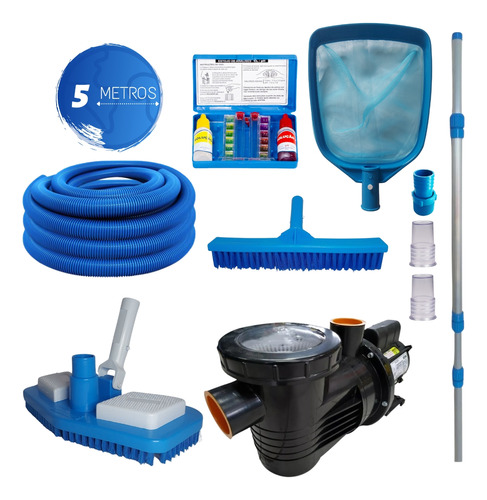 Kit Limpeza Piscina E Bomba 1/4cv E 5 Metros De Mangueira