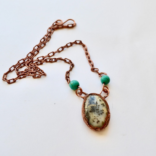 Collar Piedra Agata Y Howlitas Turquesa, Cadena Cobre, Cod1
