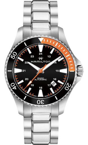 Reloj Hamilton para hombre modelo H82305131, correa, color plateado y bisel, color negro, color de fondo negro