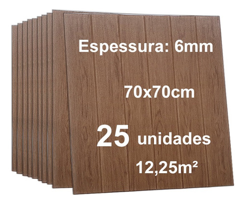 25 Placas 3d Espuma Autoadesivo 70x70cm Madeira Nogueira 6mm