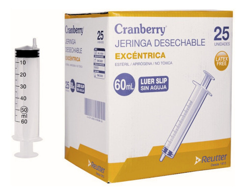 Jeringa Excentrica 60ml Luer Slip Sin Aguja X 25un Cranberry