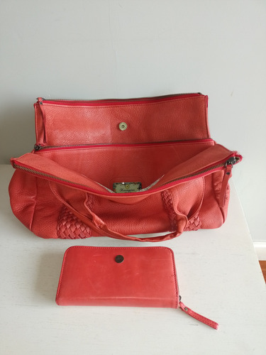 Cartera Kevingston En Cuero Color Coral C/billetera Incluida Coral Lisa Níquel Sin (Usado)