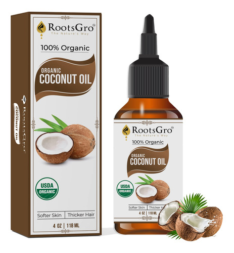 Rootsgro Aceite De Coco 100% Organico, Certificado Por Usda,