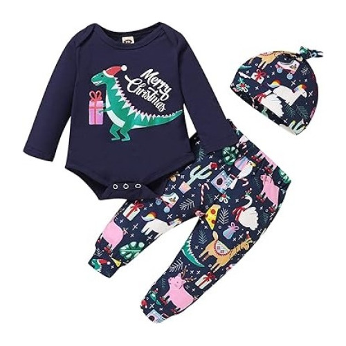 Disfraz Pijama Conjunto Navideño Dinosaurio De Bebé Body + Calza + Gorrito