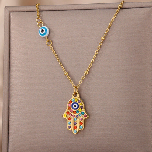Imagen 5 de 8 de Mano De Fatima Ojo Turco Collar Mujer Dije Protección Acero