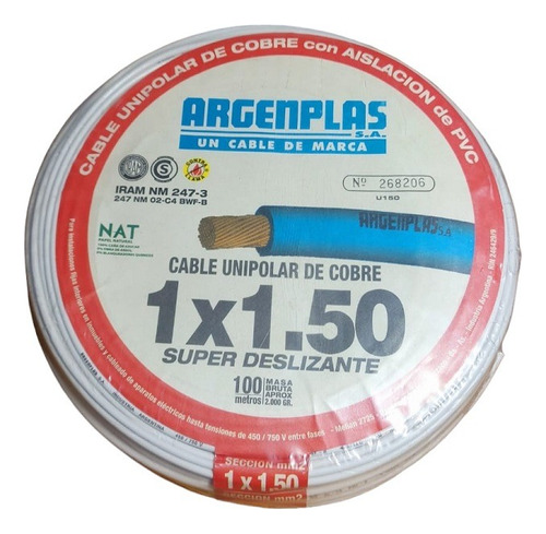 Cable Unipolar Argenplas 1.5mm Normalizado X Rollo 100mts