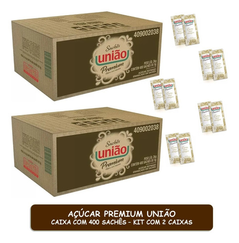 Açúcar União Premium Caixa C/ 400 Sachês - Kit C/ 2 Cxs