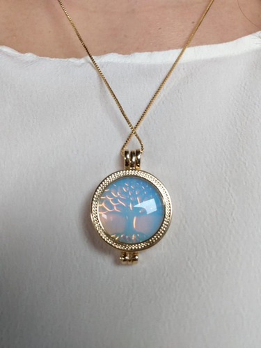 Colar Relicário Árvore Da Vida Ouro Opalina + 6 Pedras