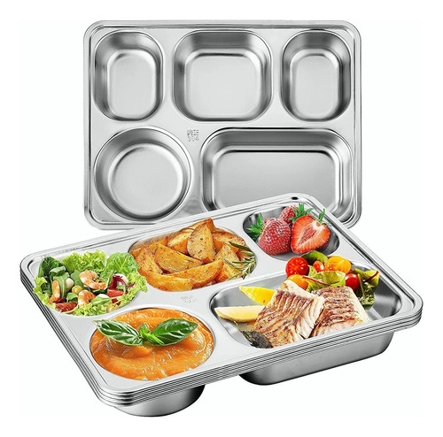 Acero Inoxidable Rectángulo 5 Compartimentos Lunch Plato 2pz