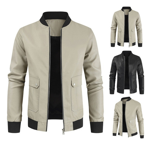 Chaqueta De Cuero Informal Con Cremallera Para Hombre