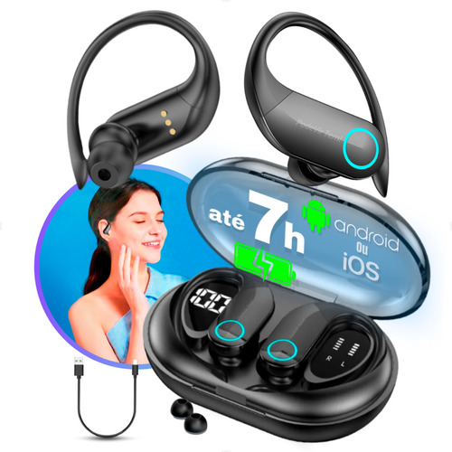 Fone De Ouvido Bluetooth 5.3 Tws Sem Fio Esportivo Compatível Com iPhone Samsung Xiaomi Motorola Tipo Gancho Marca PodeVirTem