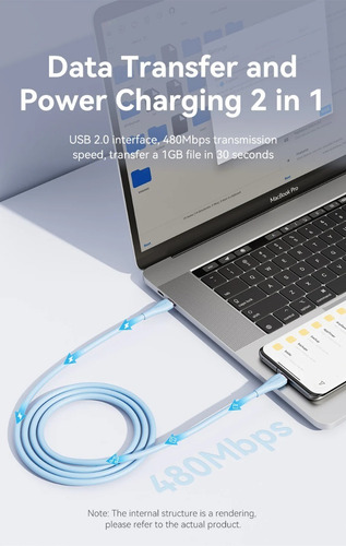 Cabo de carregamento rápido USB C 1m 5a 100w Pd Silicone Vention azul claro