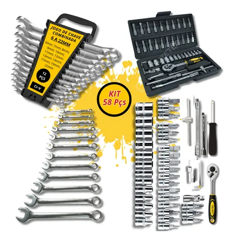 Jogo Chaves Combinadas Kit Ferramentas Soquete Catraca Chave De Boca Combinada 58 Peças Crv Cietec