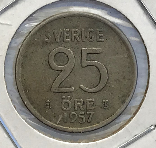 * Moneda Suecia 25 Ore De Plata. Año 1957 T S  Km# 824