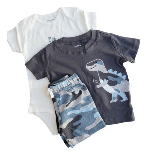 Conjunto Carters Bebe Dinosaurio Gris Remera Short Body 24 M