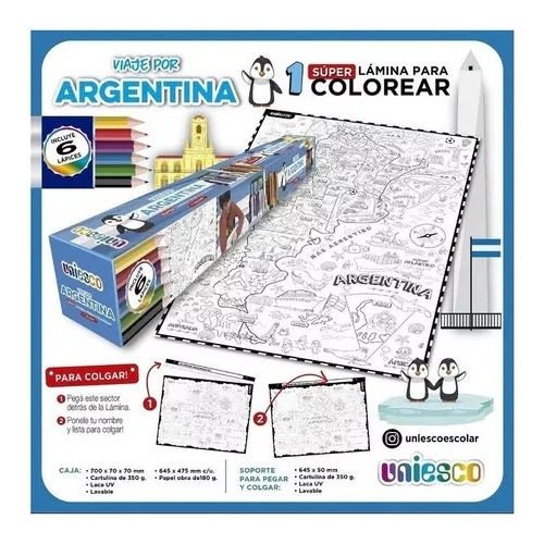 * Viaje Por Argentina * Super Lamina Colorear Uniesco Lapiz