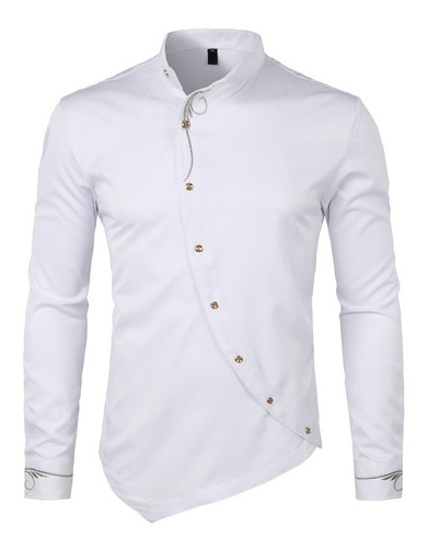 Camisa De Vestir De Manga Larga Con Bordado Oblicuo Con Boto