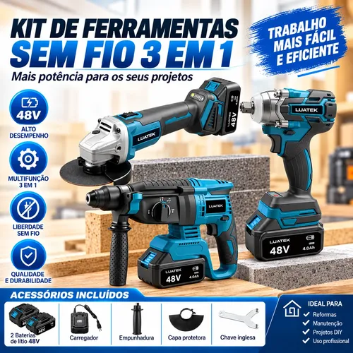 Jogo De Ferramentas Elétricas 3 Em 1 Com 2 Baterias 48v - R$ 539