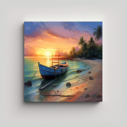 40x40cm Cuadro Decorativo Hermoso Atardecer Mar Barco Amaril