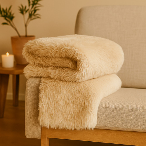 Manta Suave De Piel Pelo Largo Decorativa Para Sillón O Cama Beige