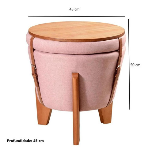 Puff Baú Zeus Redondo 50 Cm Madeira Banco Mesa Centro Rosa