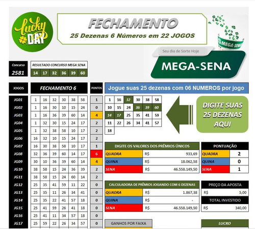 Mega Sena 25 Dezenas 6 Números Em 22 Jogos