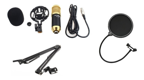 Kit Microfone Condensador Preto + Pedestal + Pop Filter