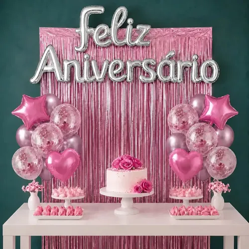 Kit Balão Feliz Aniversário Com 26 Peças Decoração Festa Cortina Letras Bexigas Rosa Claro