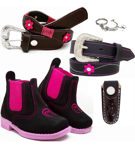 Kit Infantil Botina Rosa 2 Cinto Feminino Flor Country Couro