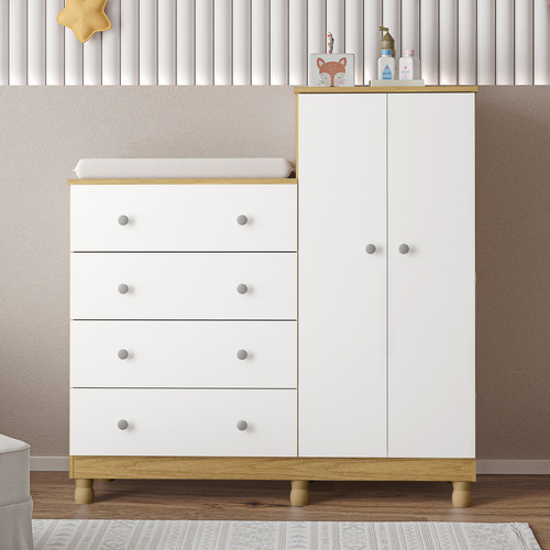 Móveis Bela Cômoda Com Guarda Roupas 2 Portas Trocador Várias Gavetas Multiuso Sapateira Quarto Bebe Nene Nenem Espaço Maleiro Pés Regulagem De Altura Corrediças Cabideiro Cor Carvalho