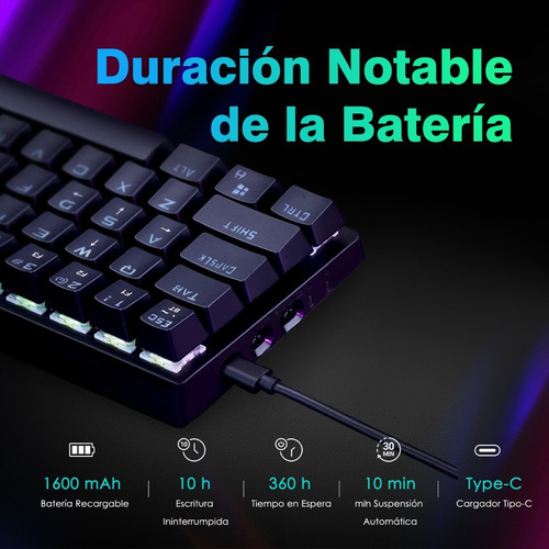 Imagen 3 de 7 de Teclado Mecanico Inalambrico 60% Bluethooth Recargable, Rgb