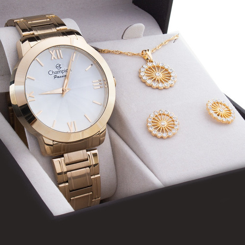 Relógio Champion Dourado Feminino Original + Colar Brinco