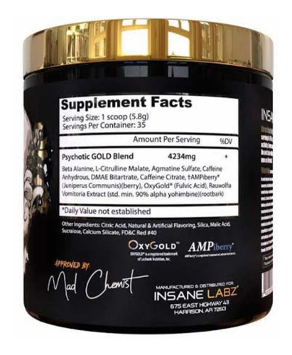 Suplemento en polvo Insane Labz Psychotic Gold cafeína sabor puñetaso azul en pote de 203g