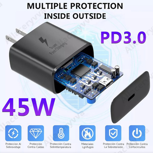 Allaceryvva® Cargador 3M Tipo C Super Rapid de 45 W para Samsung S25 Ultra/S24 Ultra/S23 Ultra/S22 Ultra para iPhone 15/16 Pro Max
