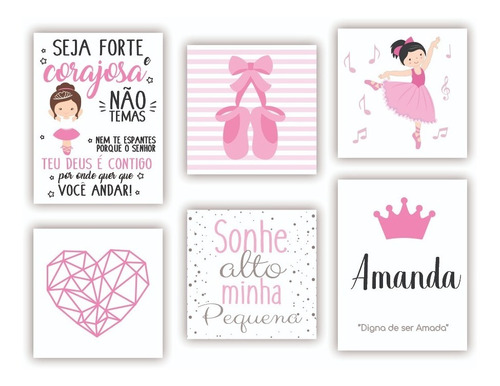 Kit 6 Quadros Decorativos Bailarina Ballet Balé Nome Bebê 