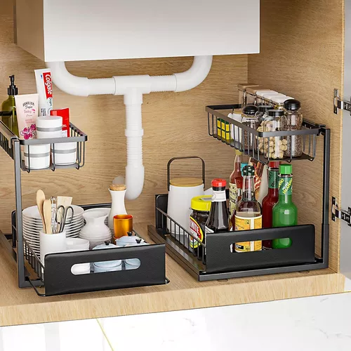 [2 unidades] Organizadores de cocina debajo del fregadero en forma de L y  almacenamiento con diseño deslizante, organizador de gabinete de
