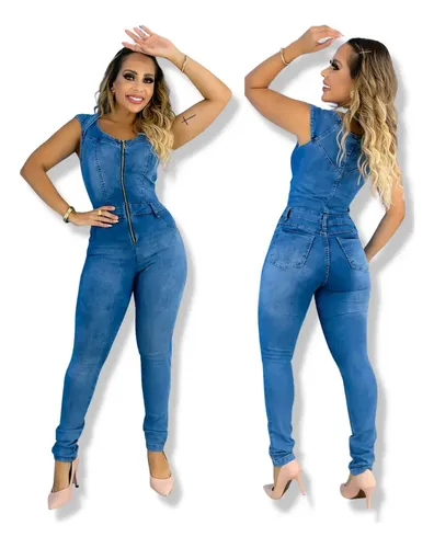 Macacão Longo Feminino Jeans Com Lycra Skinny Lav Clara