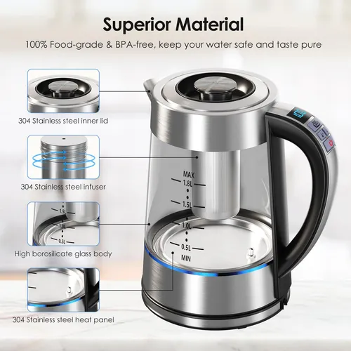 Hervidor Eléctrico De Vidrio Chefess Me-1518 1.8 L Con 12 Te