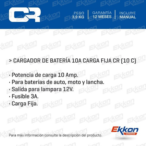 Cargador Bateria Cr 10amp 12v Carga Fija Auto Moto Lancha